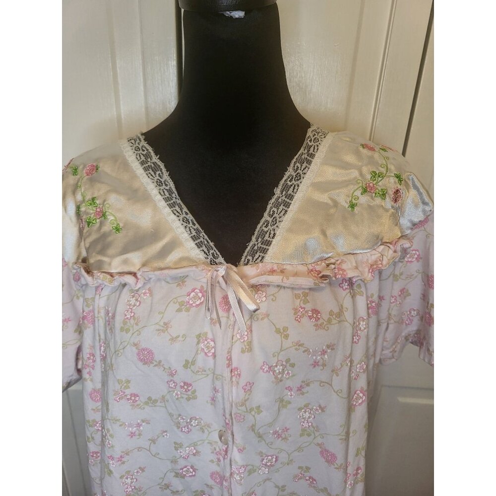 Moon Dance Pink/White  Button Up Gown/Robe L Bow Embroidery Cottage Tradwife - Picture 4 of 8
